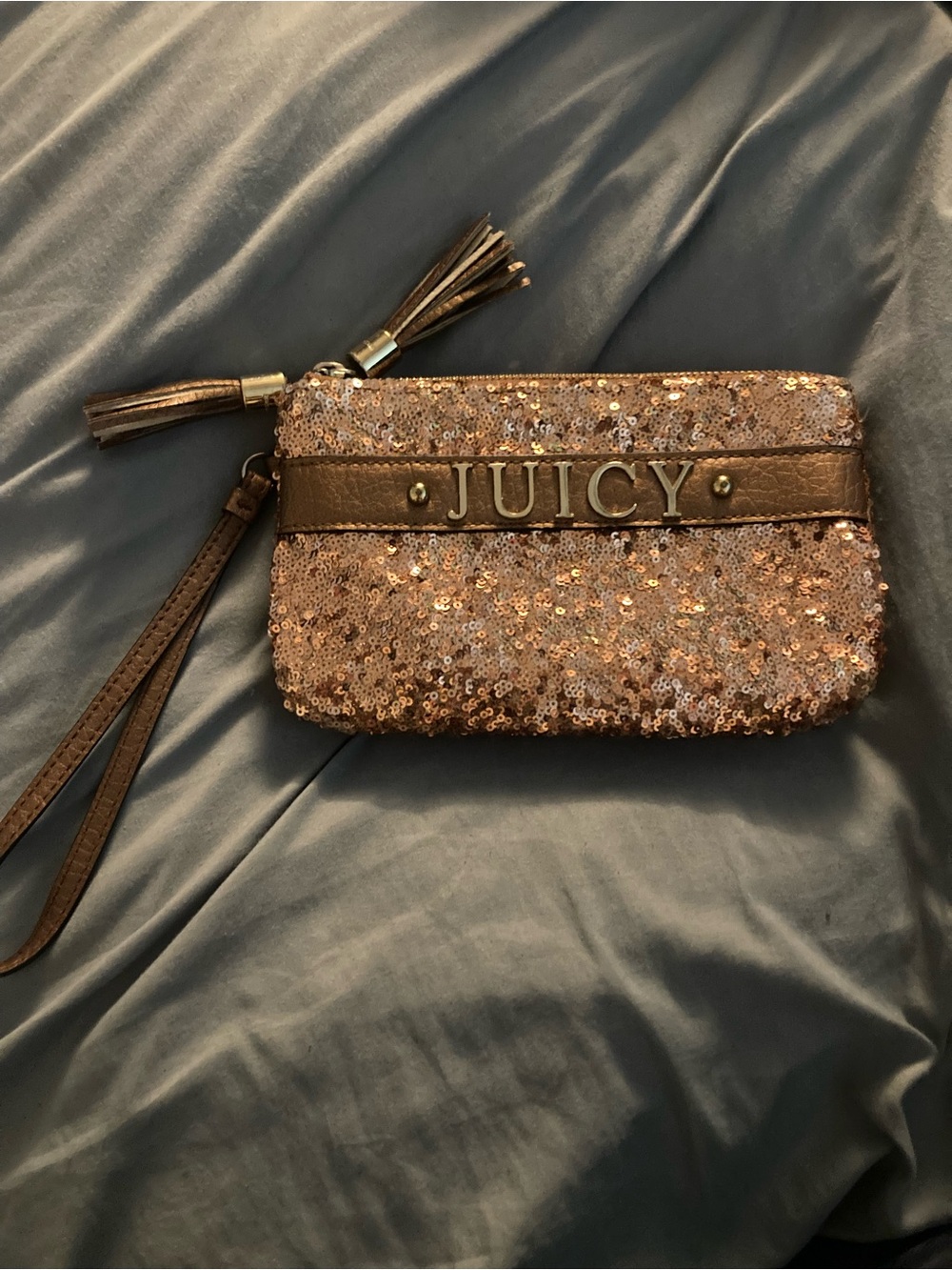 Juicy Couture Double Zip Rose Gold Sequin Wristlet Clutch with Double Tassel